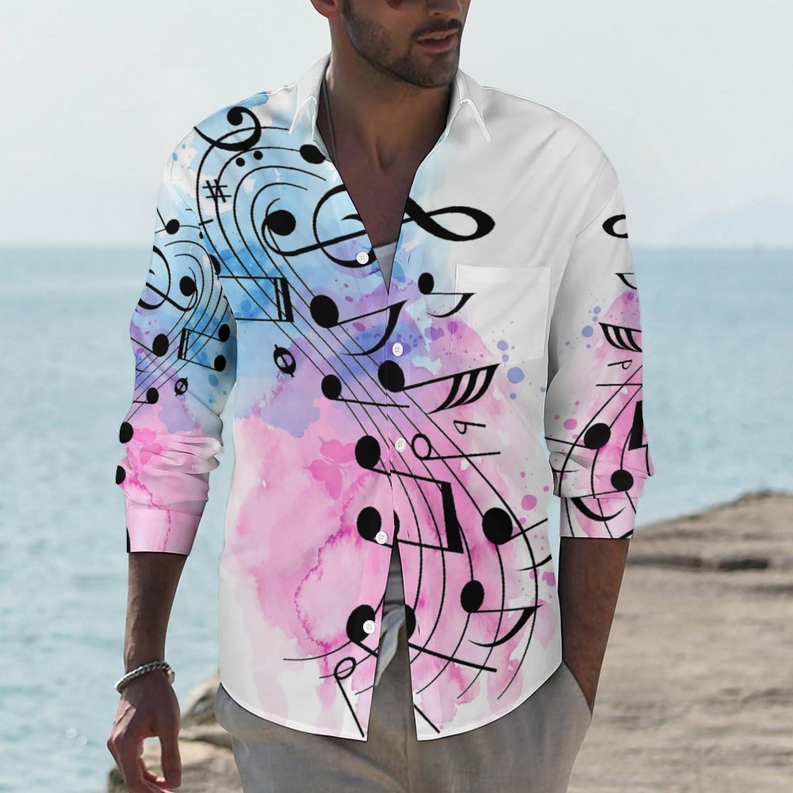 美品 大きいサイズ LEONARD 楽器 シンフォニー 音符 花柄 長袖 シャツ Amazon.co.jp: ピアノ柄 音楽柄 音符柄 メンズ 長袖 シャツ ワイシャツ